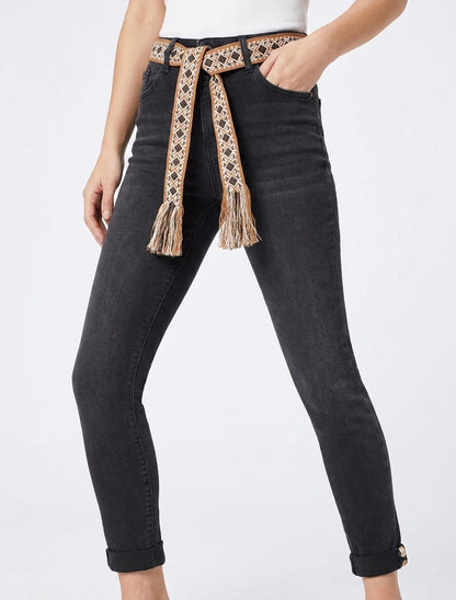 Jeans slim con cintura grafica e orli con risvolto. - Grigio antracite