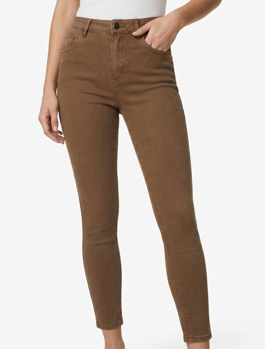 Jeans a sigaretta a vita alta - Marrone