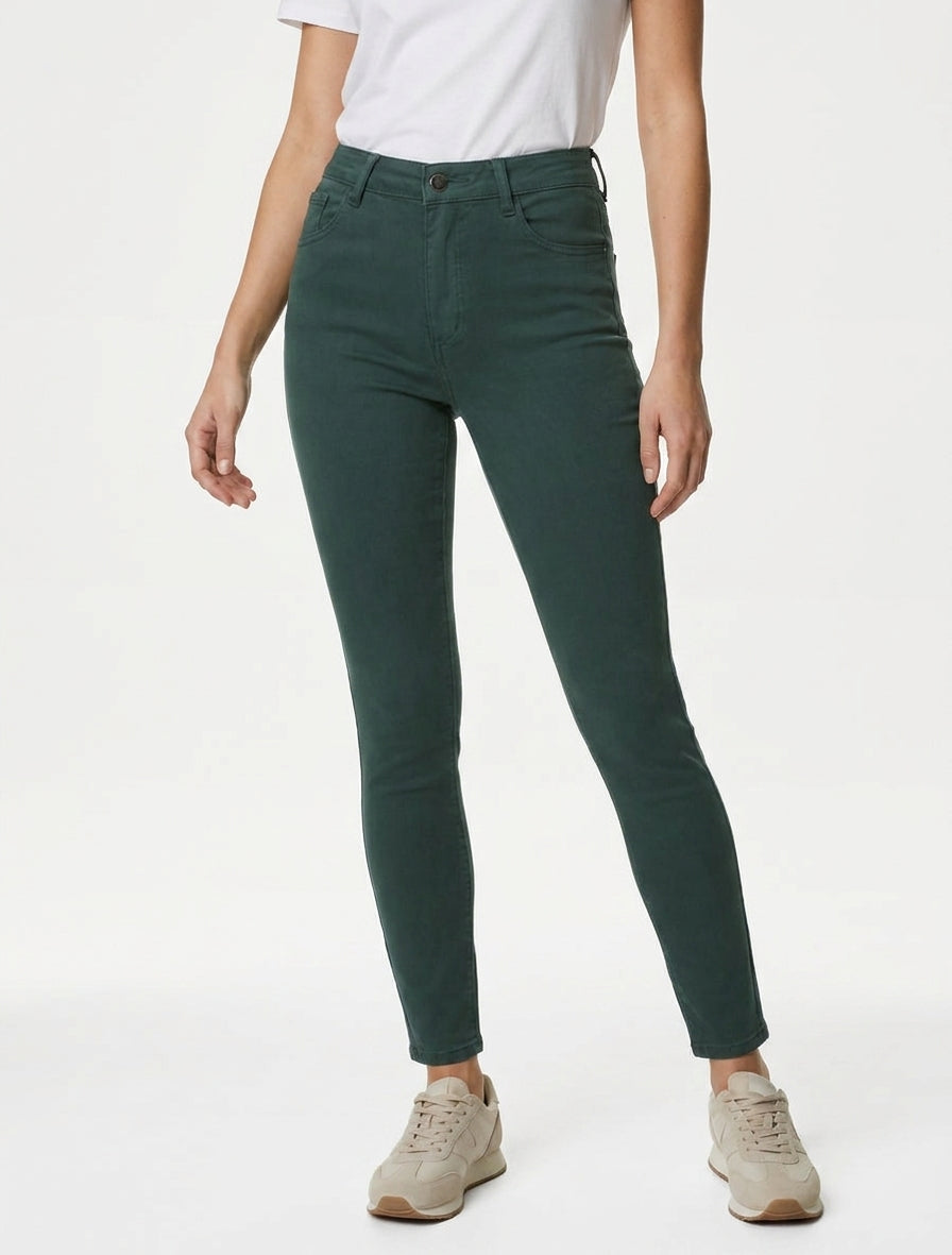 Jeans a sigaretta a vita alta - Verde bottiglia