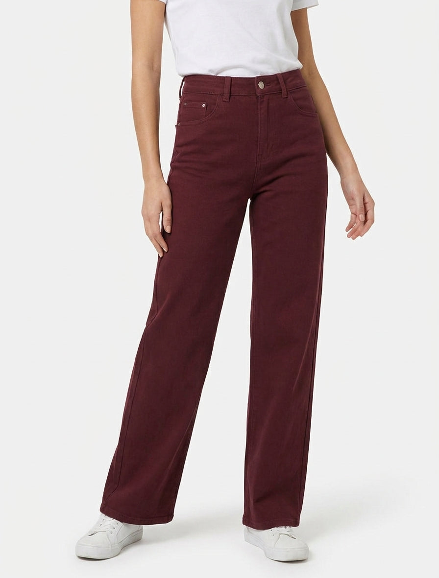 Jeans a gamba larga a vita alta uni - Bordeaux