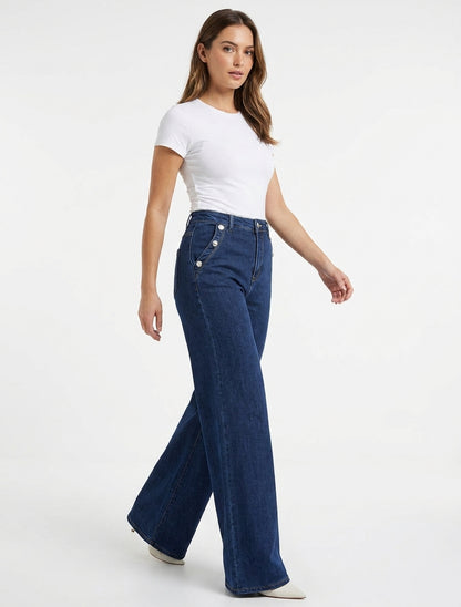 Jeans a gamba larga con tasche con bottoni - Blu denim