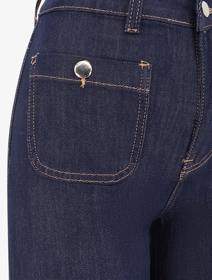 Jean wide leg taille haute avec poches plaquées à boutons décoratifs - Bleu brut - 3