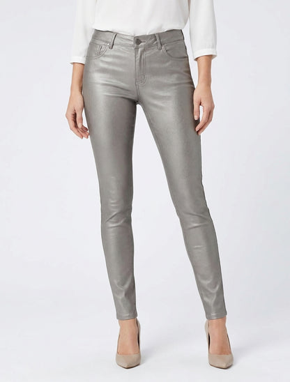 Pantaloni slim in similpelle effetto cerato - Grigio talpa