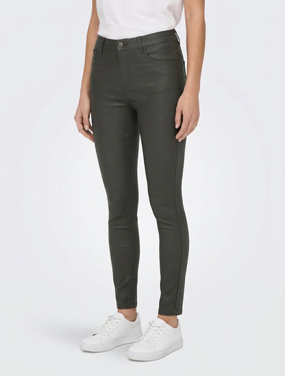 Pantaloni slim in similpelle effetto cerato - Kaki scuro