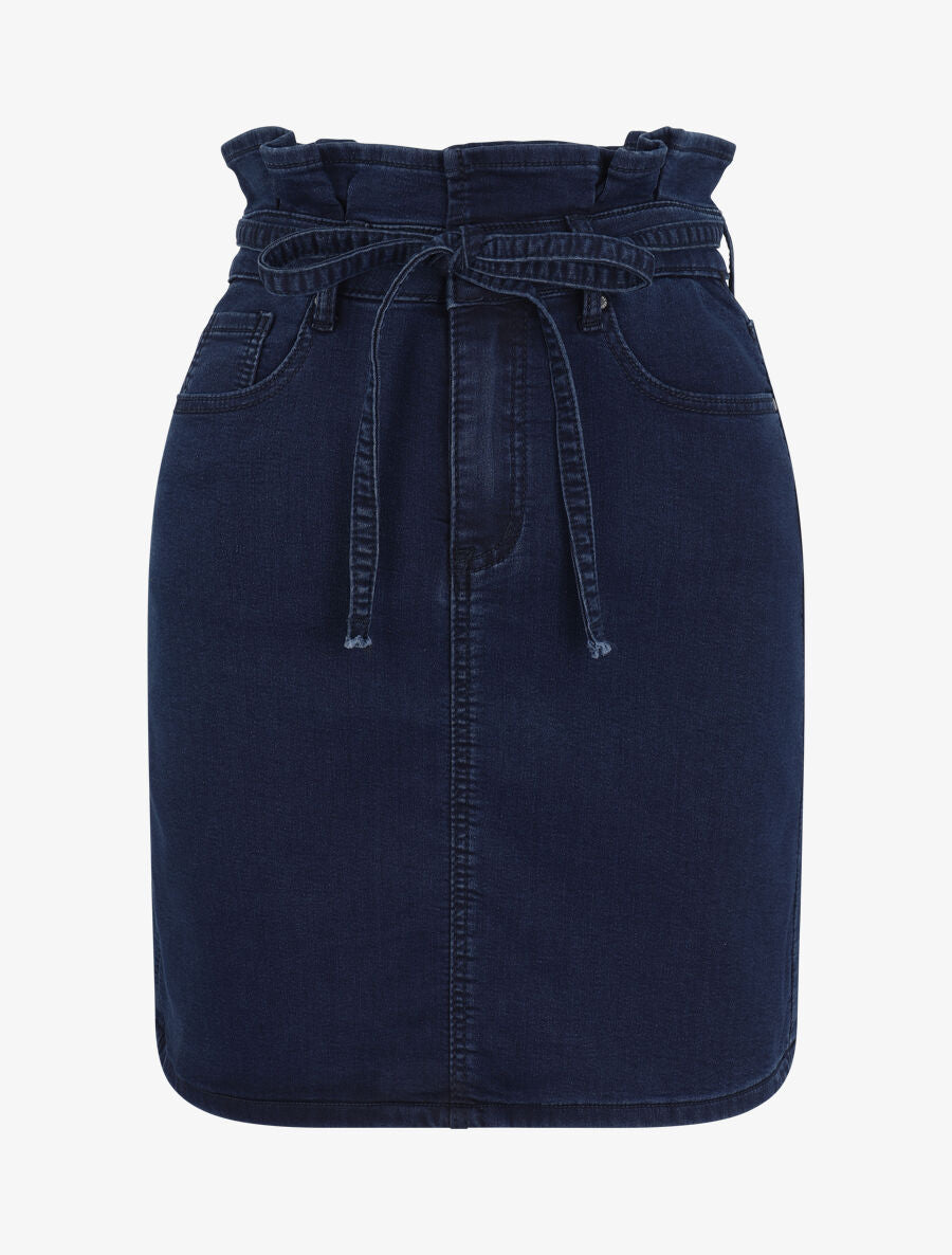 Jupe en jean à taille haute volantée - Marine - 4