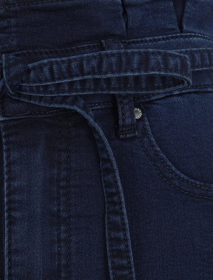 Jupe en jean à taille haute volantée - Marine - 3