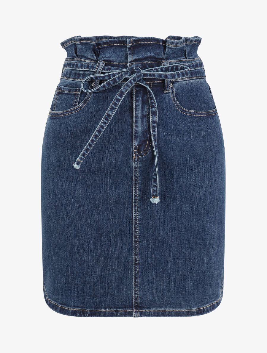 Jupe en jean à taille haute volantée - Bleu denim - 1