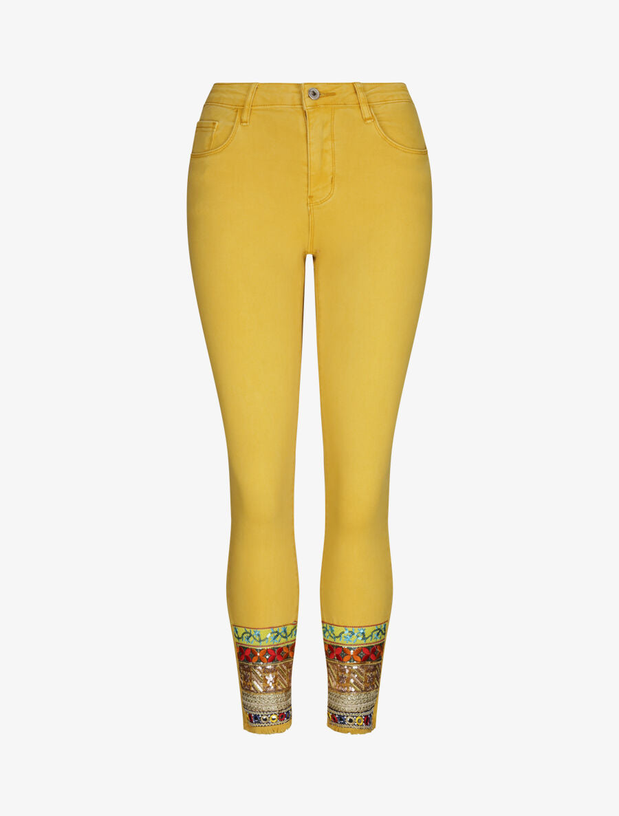 Jean 7/8  à bords coupe franche ornés de sequins - Jaune moutarde - 1