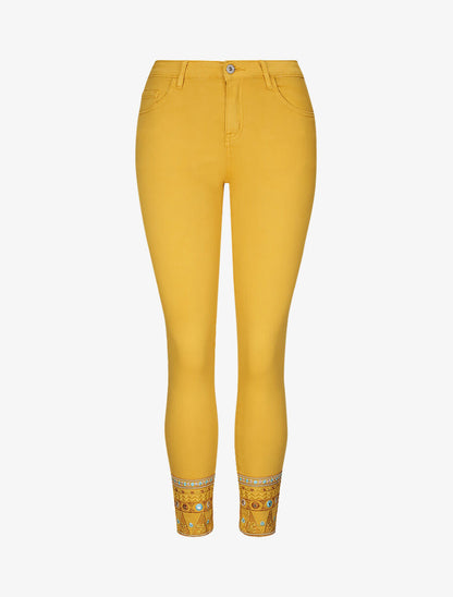 Jean 7/8 à bords ornés de broderies - Jaune moutarde - 1