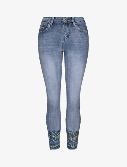 Jean slim taille haute broderie cachemire stylisée - Bleu - 1