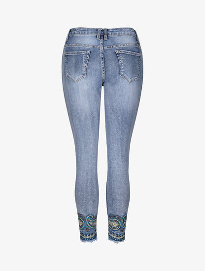 Jean slim taille haute broderie cachemire stylisée - Bleu - 2
