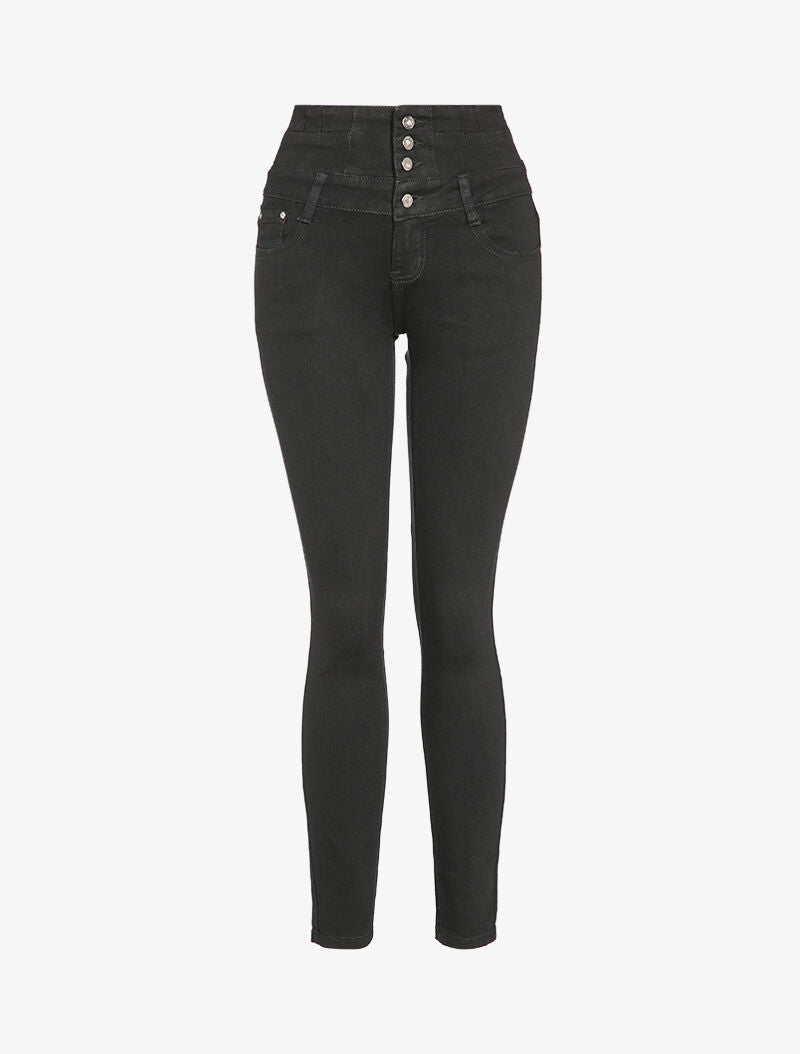 Jean skinny taille empire à boutons stylisés - Noir - 4