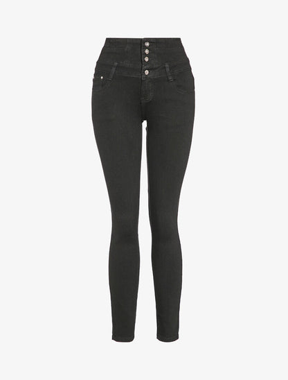 Jean skinny taille empire à boutons stylisés - Noir - 4