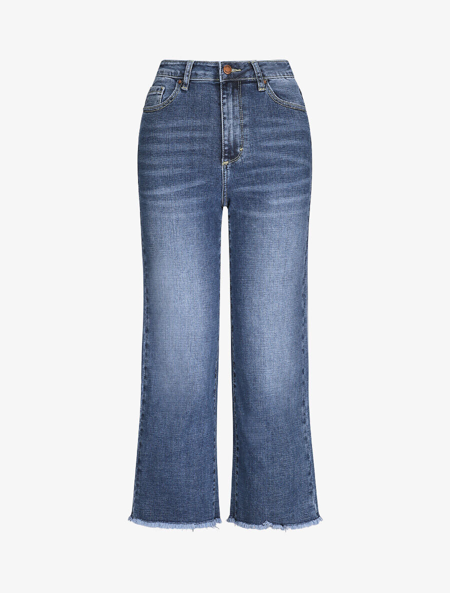 Jean large 7/8 taille haute et bords coupe franche - Bleu denim - 1