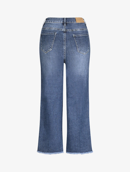 Jean large 7/8 taille haute et bords coupe franche - Bleu denim - 2