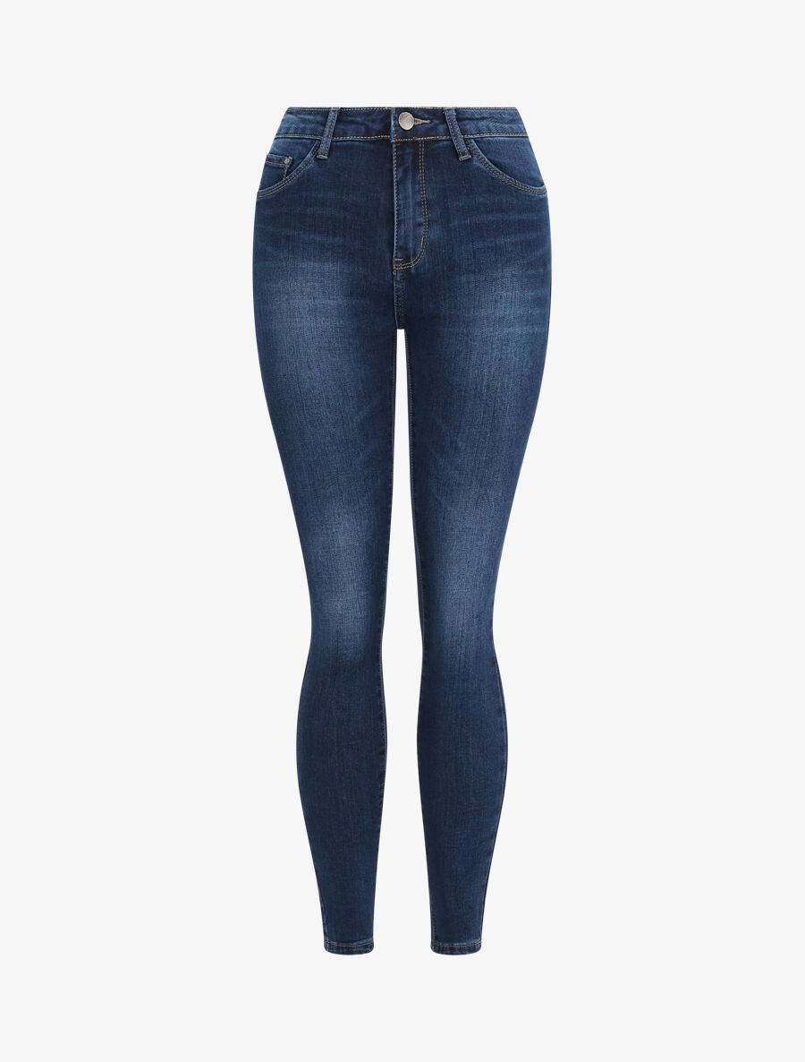 Jean skinny à taille haute et délavé - Bleu denim - 1
