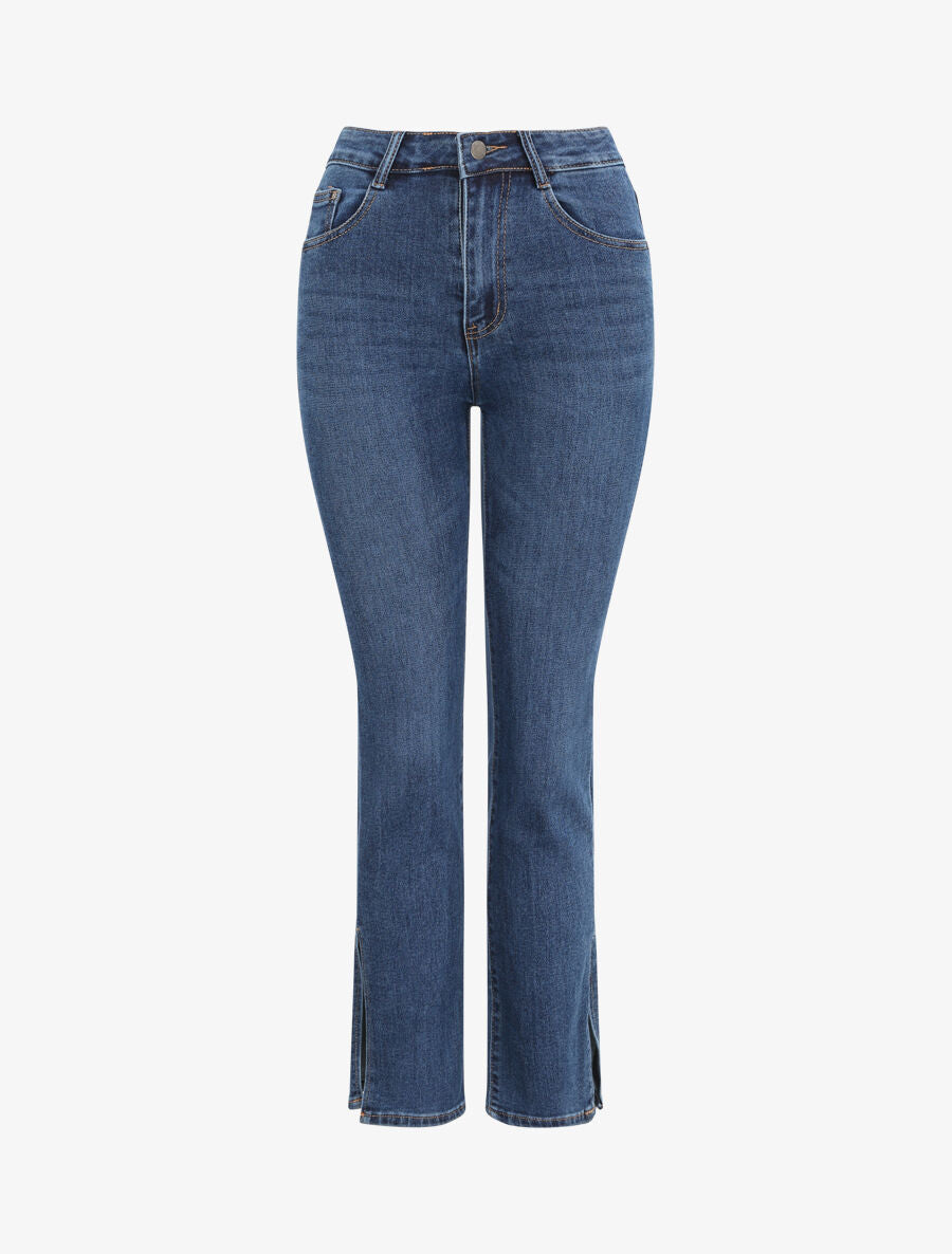 Jean bootcut taille haute boutonnée à bords fendus - Bleu - 5