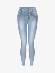 Jean slim délavé à taille haute boutonnée - Bleu clair - 1