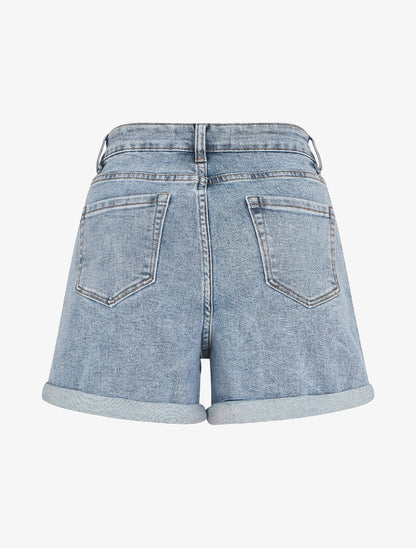 Mini short droit à revers - Bleu denim - 3