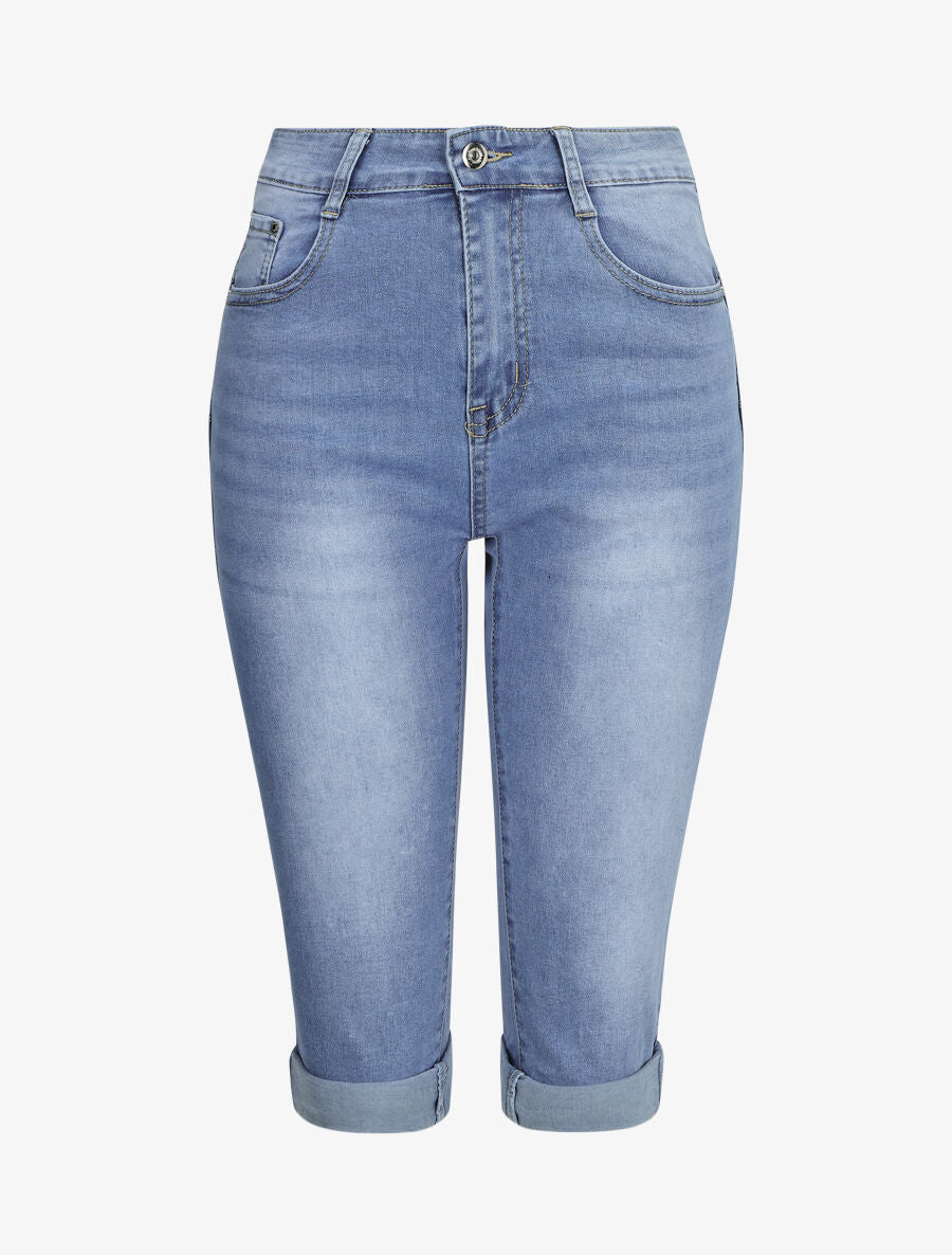 Pantacourt push up à ourlets - Bleu denim - 1