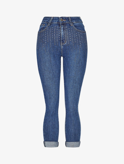 Jean slim taille haute à strass - Bleu - 1