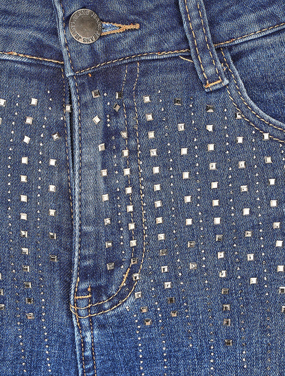 Jean slim taille haute à strass - Bleu - 3
