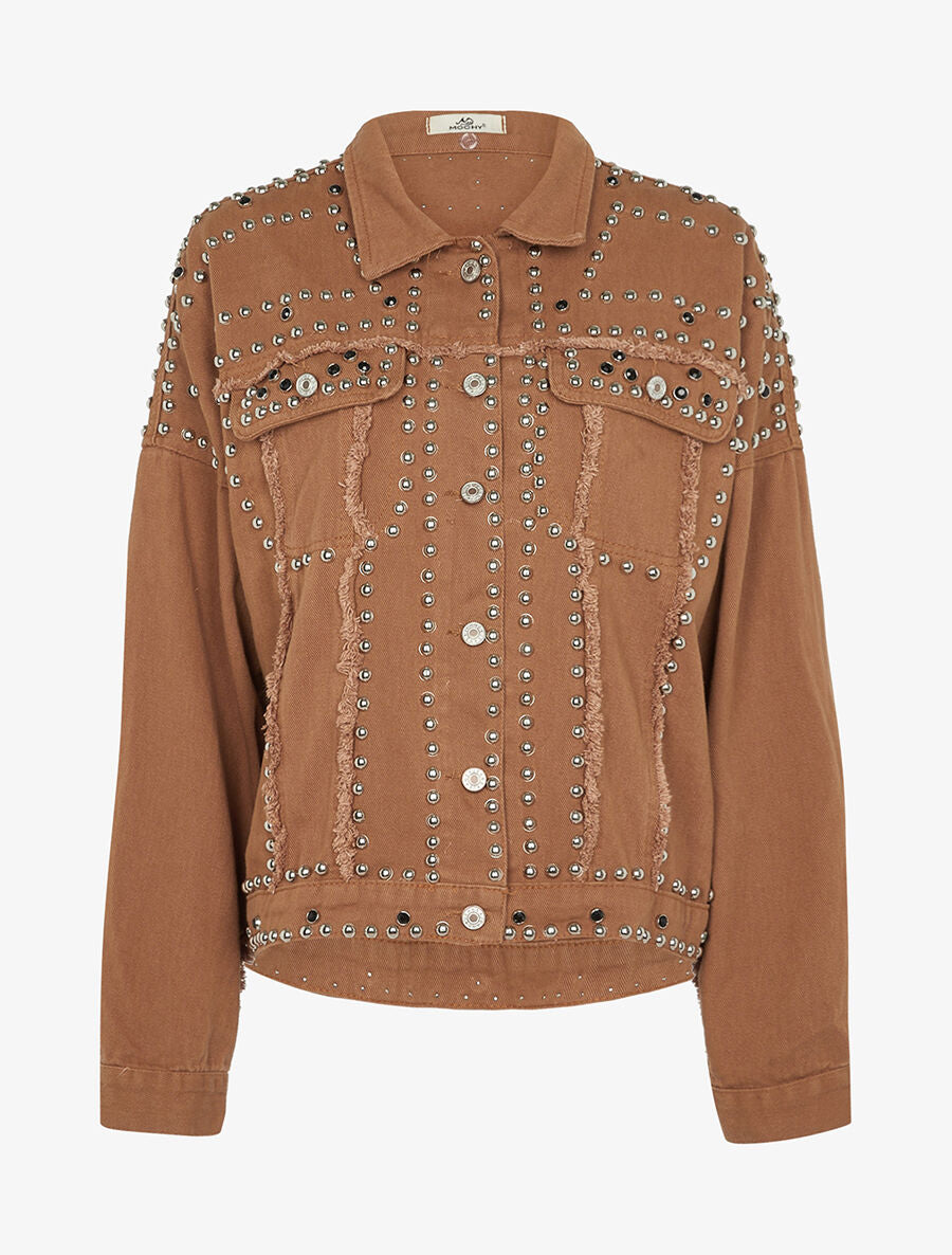Veste en jean cloutée doublure amovible - Camel - 3