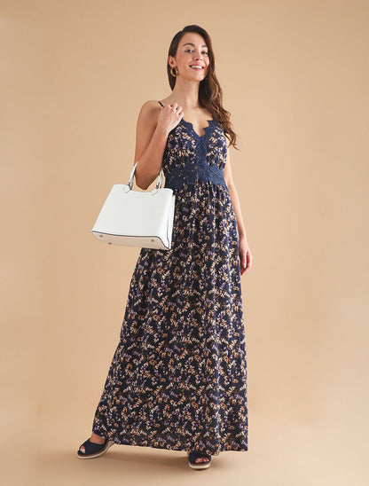 Robe fleurie à détails crochet - marine - 3