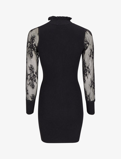 Robe pull côtelée à col volanté et manches en dentelle - Noir - 2