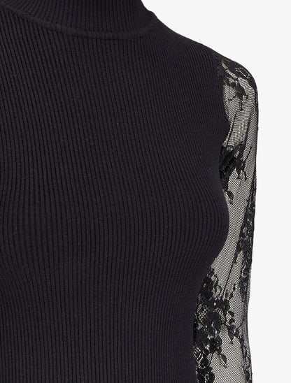 Robe pull côtelée à col volanté et manches en dentelle - Noir - 3
