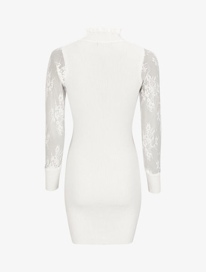 Robe pull côtelée à col volanté et manches en dentelle - Blanc - 2