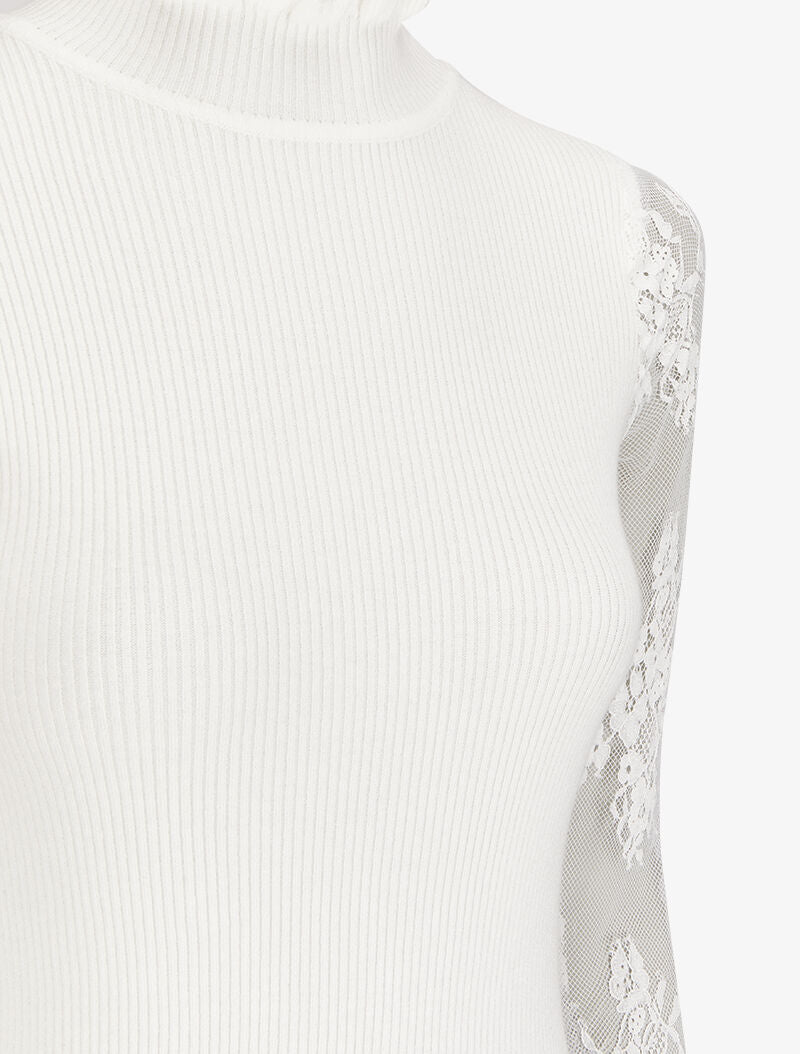 Robe pull côtelée à col volanté et manches en dentelle - Blanc - 3