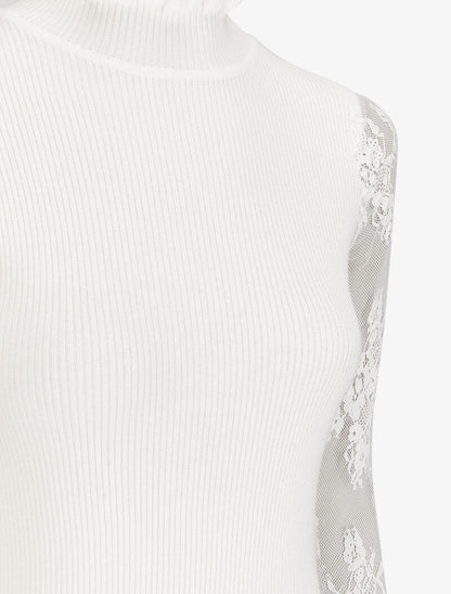 Robe pull côtelée à col volanté et manches en dentelle - Blanc - 3
