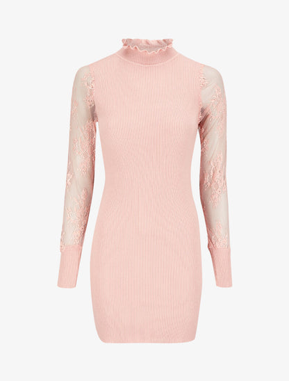 Robe pull côtelée à col volanté et manches en dentelle - Rose poudré - 1