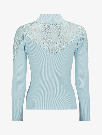 Pull côtelé à épaules en dentelle et col montant - Bleu ciel - 2