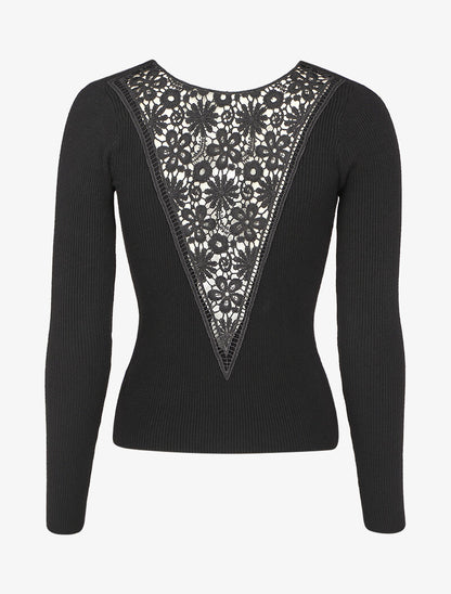 Pull côtelé à dos ajouré en crochet - Noir - 2