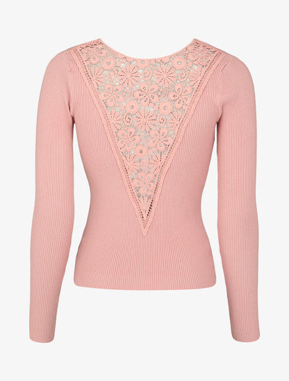 Pull côtelé à dos ajouré en crochet - Rose - 2