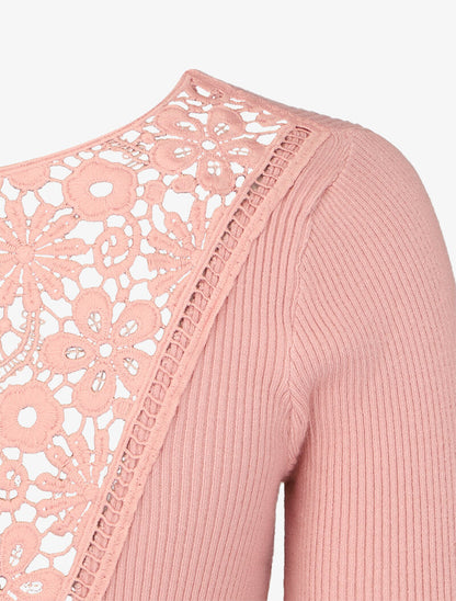 Pull côtelé à dos ajouré en crochet - Rose - 3