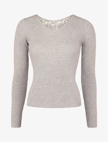 Pull côtelé à dos ajouré en crochet - Gris chiné - 1
