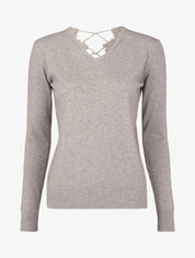 Pull à dos en V ouvert en crochet stylisé ajouré - Gris chiné - 1
