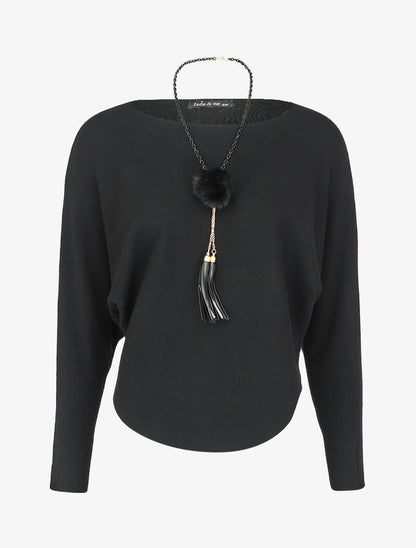 Pull à manches dolman et bords arrondis - Noir - 1