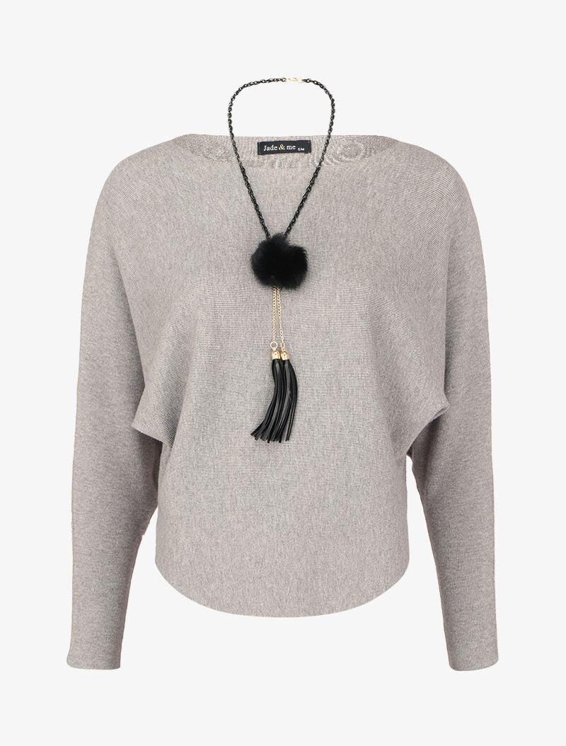Pull à manches dolman et bords arrondis - Gris chiné - 1