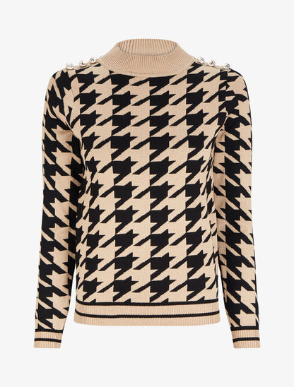 Pull à motifs et boutons stylisés - Camel/noir - 1