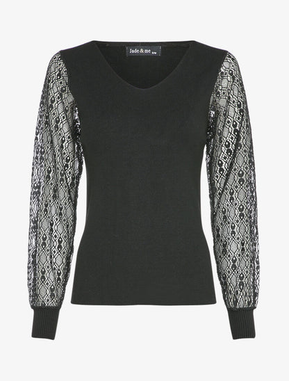 Pull fin à manches en dentelle ajourée - Noir - 4