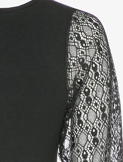 Pull fin à manches en dentelle ajourée - Noir - 3