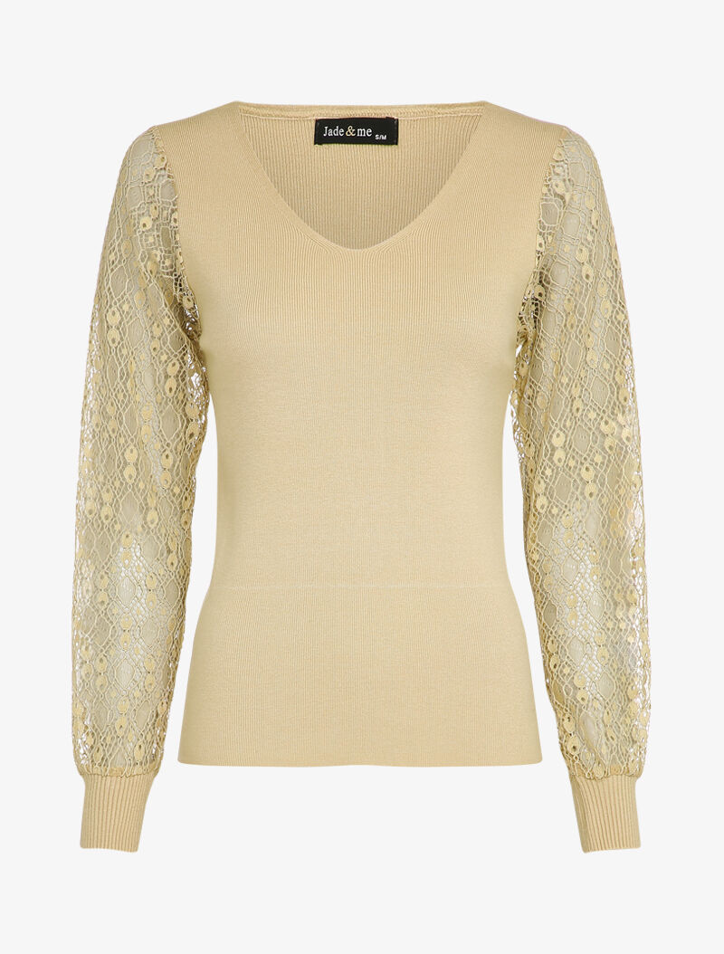 Pull fin à manches en dentelle ajourée - Beige - 1