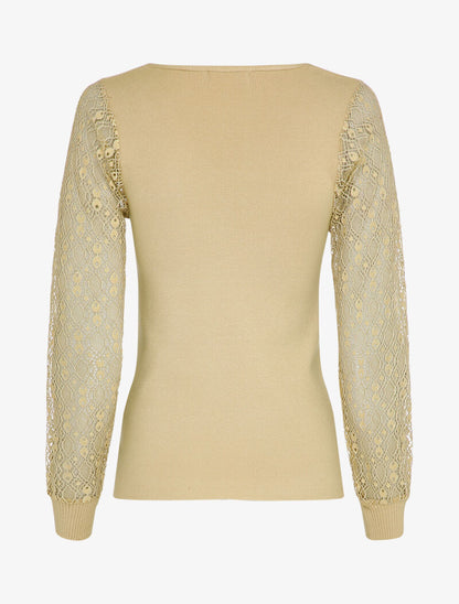 Pull fin à manches en dentelle ajourée - Beige - 2