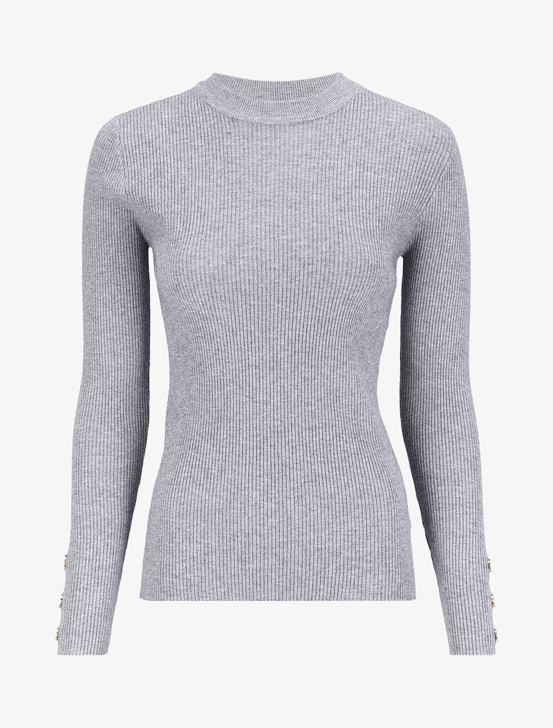 Pull côtelé basique à poignets boutonnés - Gris chiné - 1