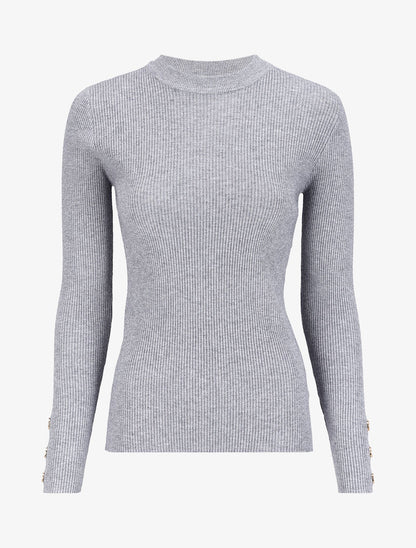 Pull côtelé basique à poignets boutonnés - Gris chiné - 1