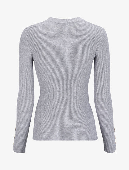 Pull côtelé basique à poignets boutonnés - Gris chiné - 2